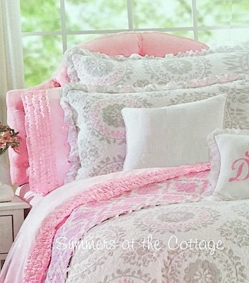 LAUREL WREATH PINK WHITE GRAY DAISY RUFFLE PILLOW SHAM